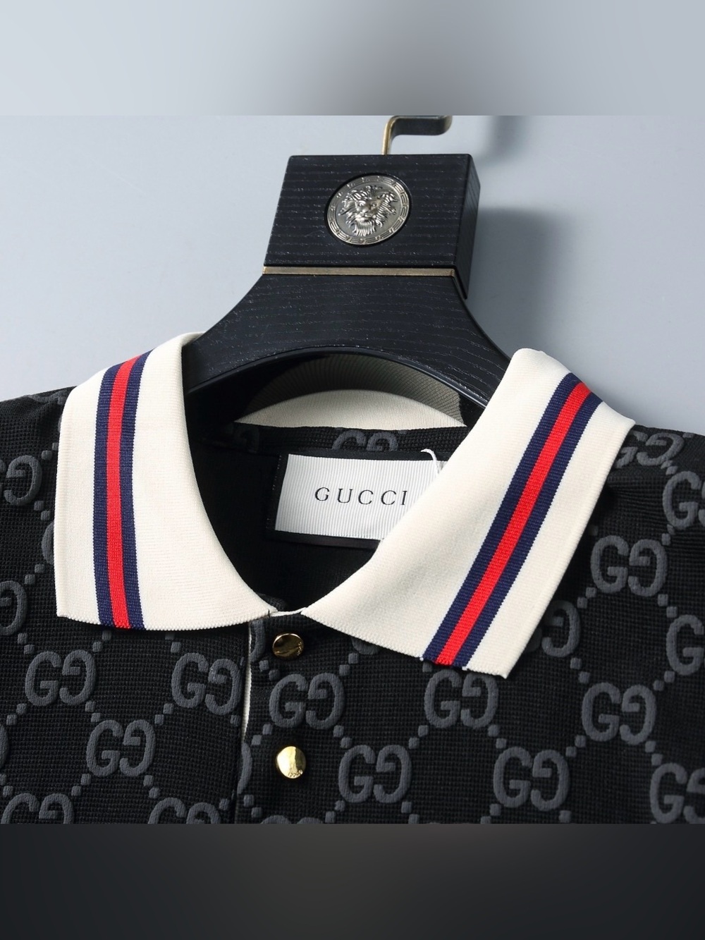 Gucci Black GG Jacquard Polo with White Red-Blue Trim